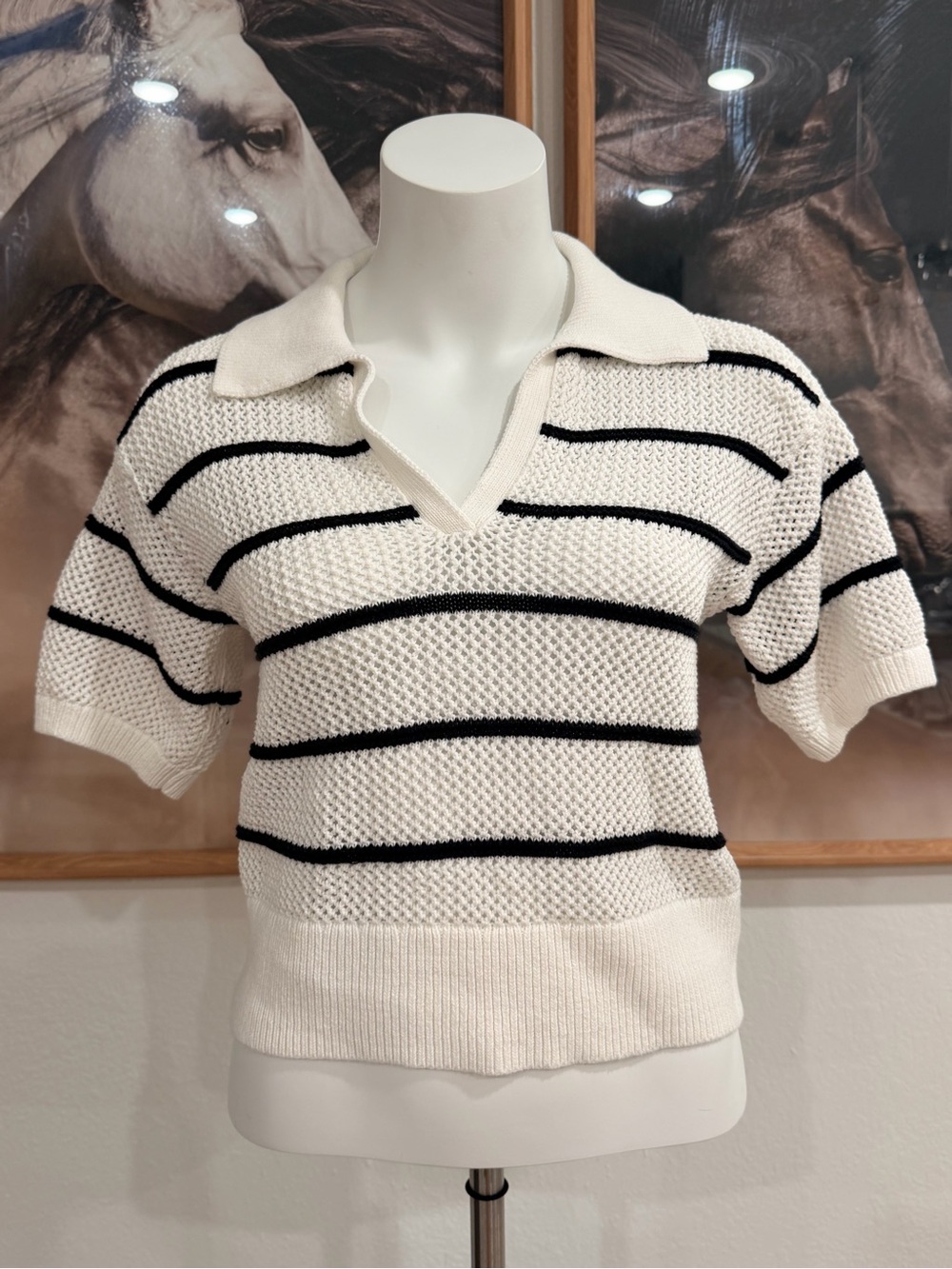 Old Navy Textured Knit Polo Sweater in White with Black Stripes